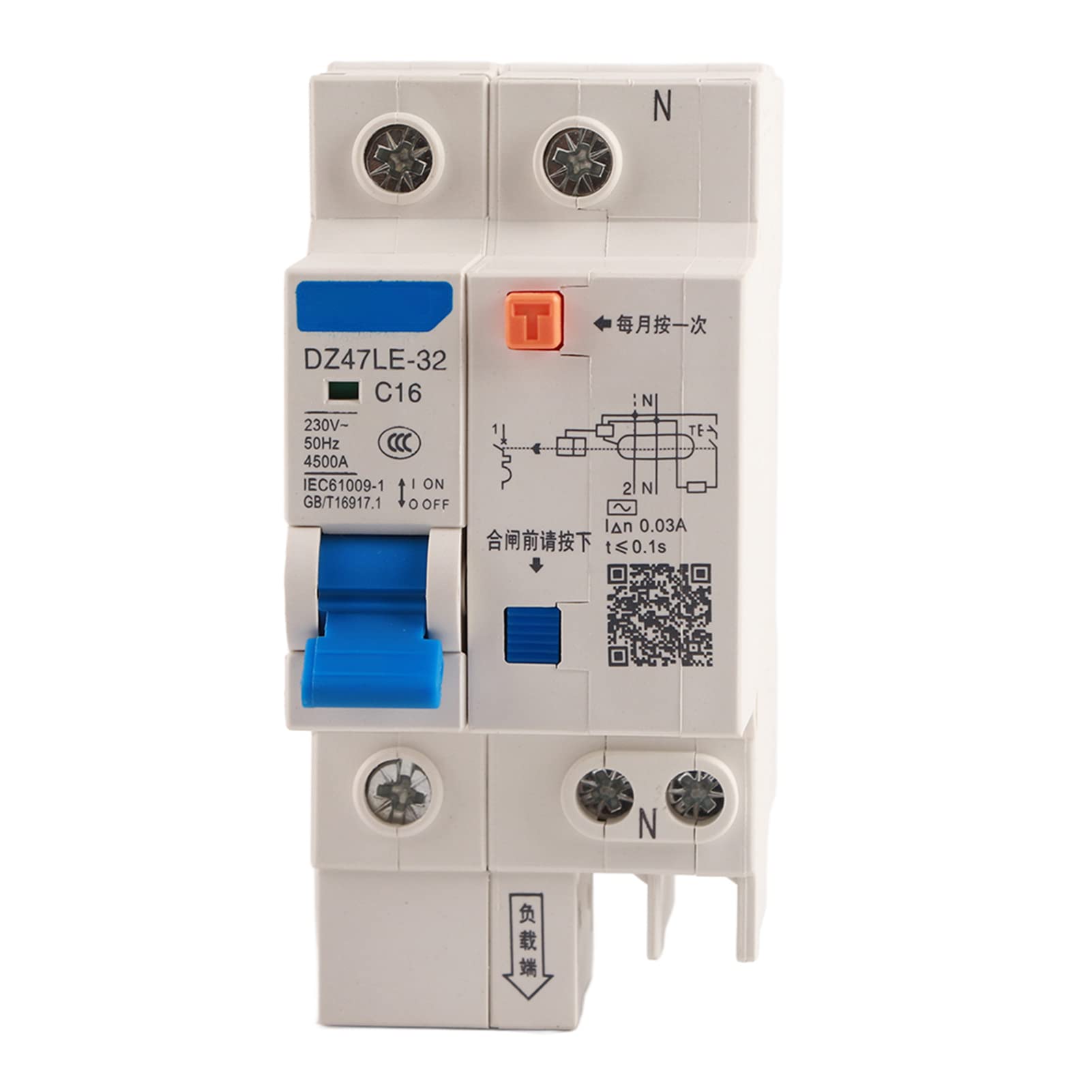YWBL-WH Mini Circuit Breaker, DZ47LE-32 1P+N Circuit Breaker, 16A 230V Earth Leakage Safety Air Switch Circuit Breaker (16A)