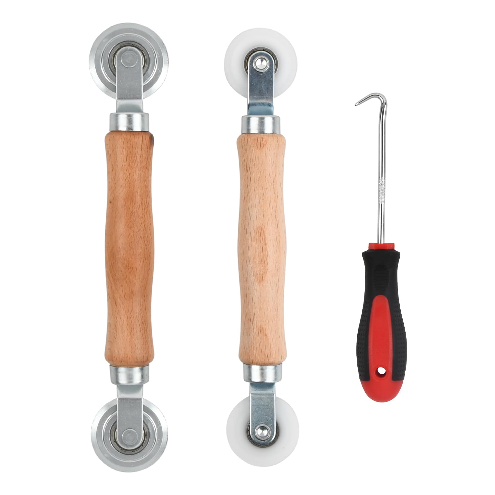 Rundago 3 Pieces Tool Retractor, 2*Double Wheel Piping Roller Sealing Roller with Wooden Handle with Nylon Wheels and Metal Rollers, 1*Rubber Strip Hook for Window Grille Installation Tool