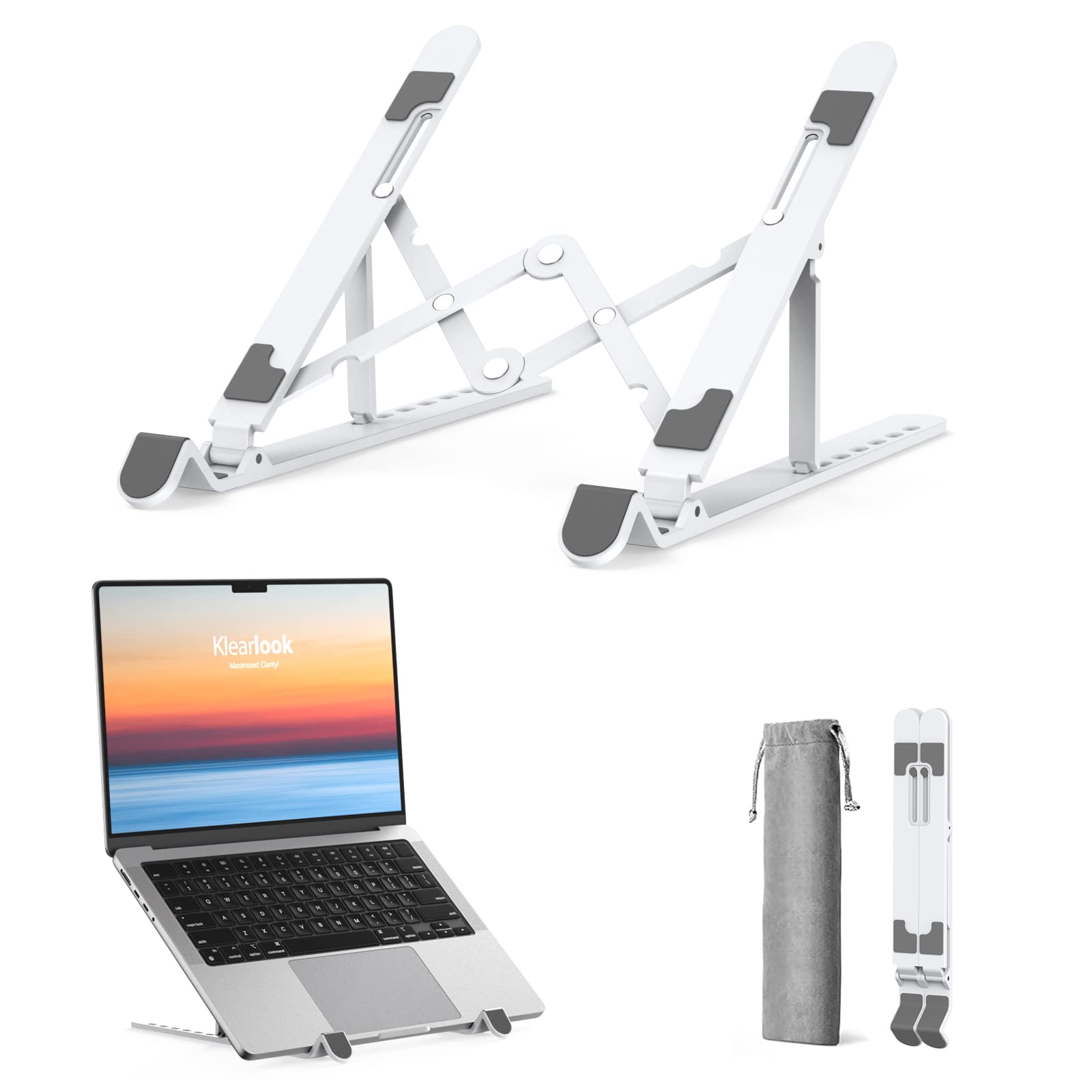 Portable Laptop Stand wi/Carry Bag - Klearlook 7-Level Adjustable Laptop Riser, Foldable ABS+Silicone Laptops Holder for Desk, Ventilated Cooling Notebook Stand for Laptops&Tablet up to 15.6" - White