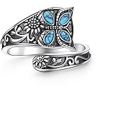 DAOSHANG 925 Sterling Silver Spoon Rings Adjustable Sunflower Thumb Ring For Women Turquoise Boho Ring Vintage Rings Unique Jewelry Present for Christmas Mother's Day