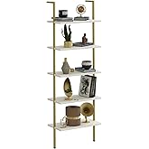 aboxoo Ladder Shelf White Marble Bookshelf 5-Tier Wall-Mounted Wood Rack Industrial Modern Plant Flower Stand Utility Organizer Open Bookcase Metal Frame Furniture Office Kitchen Bedroom