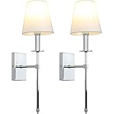 PERMO Set of 2 Classic Rustic Industrial Wall Sconce Lighting Fixture with Flared White Textile Lamp Shade and Chrome Tapered