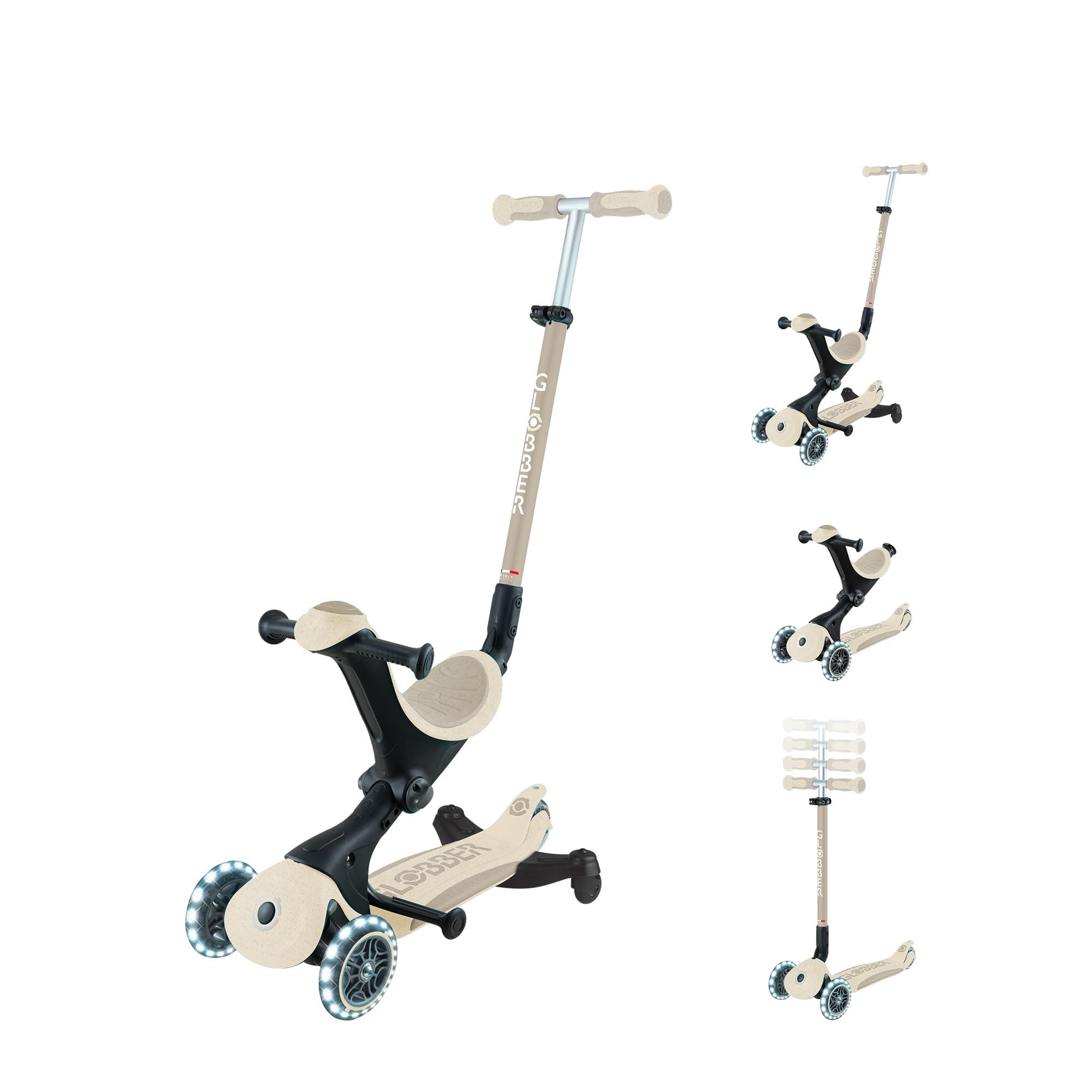 Globber - GO•UP Deluxe Lights ECO 360-3-Wheel Scooter with Seat and 360 Module, for Children from 15 Months to 6 Years, Coconut Beige
