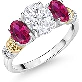 Gem Stone King 2.53 Cttw 925 Sterling Silver and 10K Yellow Gold IGI Certified Lab Grown Diamond and Red Created Ruby 3 Stone Ring For Women | Center Oval Diamond 1.5 Ct | E-F Color | VS1-VS2 Clarity