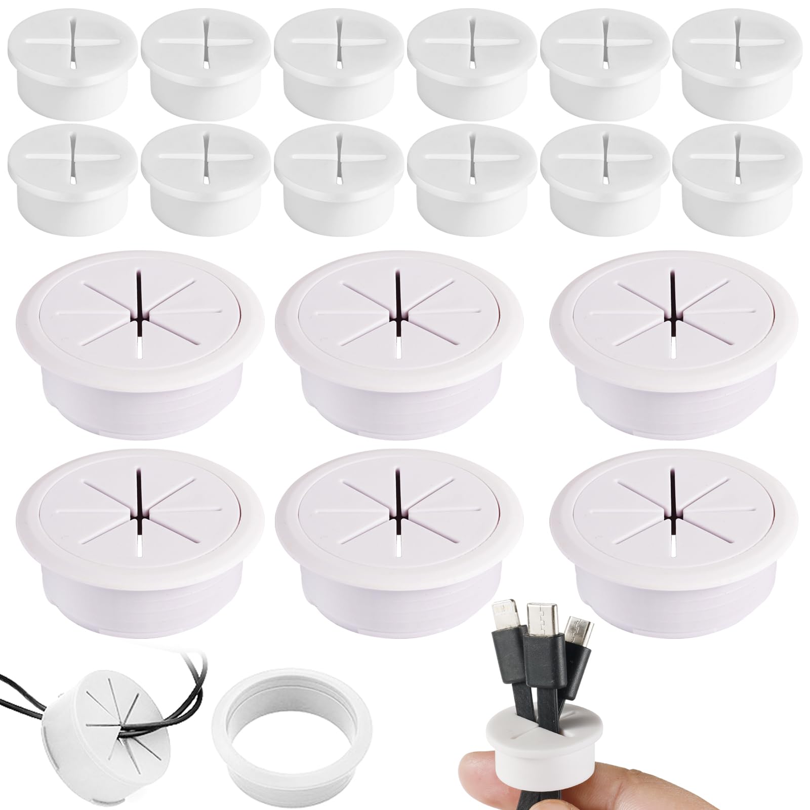 Omsscun 18PCS Flexible Silicone Cable Cord Desk Grommet, 25mm/50mm Cable Entry Cover, Cable Grommet for Desk Table and Other Furniture Hole Cover Cable Management (White)