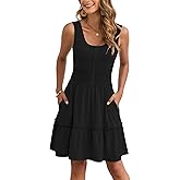AUSELILY Women Summer Dress Sleeveless Tank Button Down Dresses Tiered Smocked Elastic Waist with Pockets