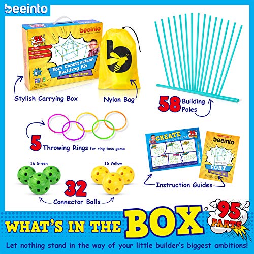 beeinto Kids Fort Construction Building Kit - 58 Poles, 32 Balls, 5 Toss Rings, Nylon Bag, Instructions - Outdoor STEM Toys for Boys, Indoor Play Tents Builder, Parent-Child Quality Time - Ages 5+