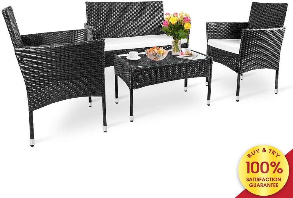 Romatlink, 4-Piece Outdoor Rattan Patio Furniture Sets, Modern Wicker Conversation Sofa Chairs with Cushioned Loveseat Armchairs & Glass Top Coffee Table, Perfect for Garden Lawn Pool Backyard, Black