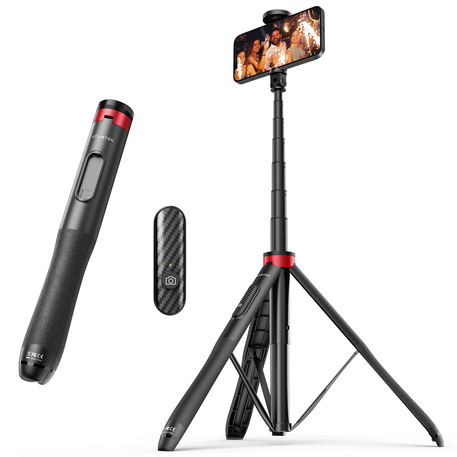 ATUMTEK 51" Selfie Stick Tripod, All in One Extendable Phone Tripod Stand with Bluetooth Remote 360° Rotation for iPhone and Android Phone Selfies, Video Recording, Vlogging, Live Streaming, Red