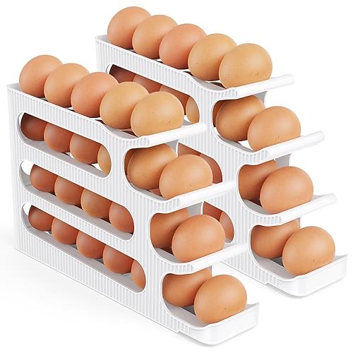 Egg Holder Storage, 4 Tiers Space Saving Automatically Rolling Egg Dispenser Container Tray for Fridge Organiser, Kitchen - 2 Pack