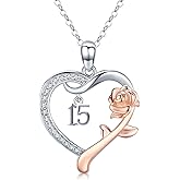 18 Year Old Girl Birthday Gifts / 10th/11th/12th/13th/15th/16th/17th/21th/30th/40th/ 50th/60th/70th/75th/80th/85th/90th/100th Birthday Gifts for Women Daughter 925 Sterling Silver Love Heart Rose Flower Pendant Necklace for Wife Mom Mothers Day Christmas Anniversary Graduation Jewelry
