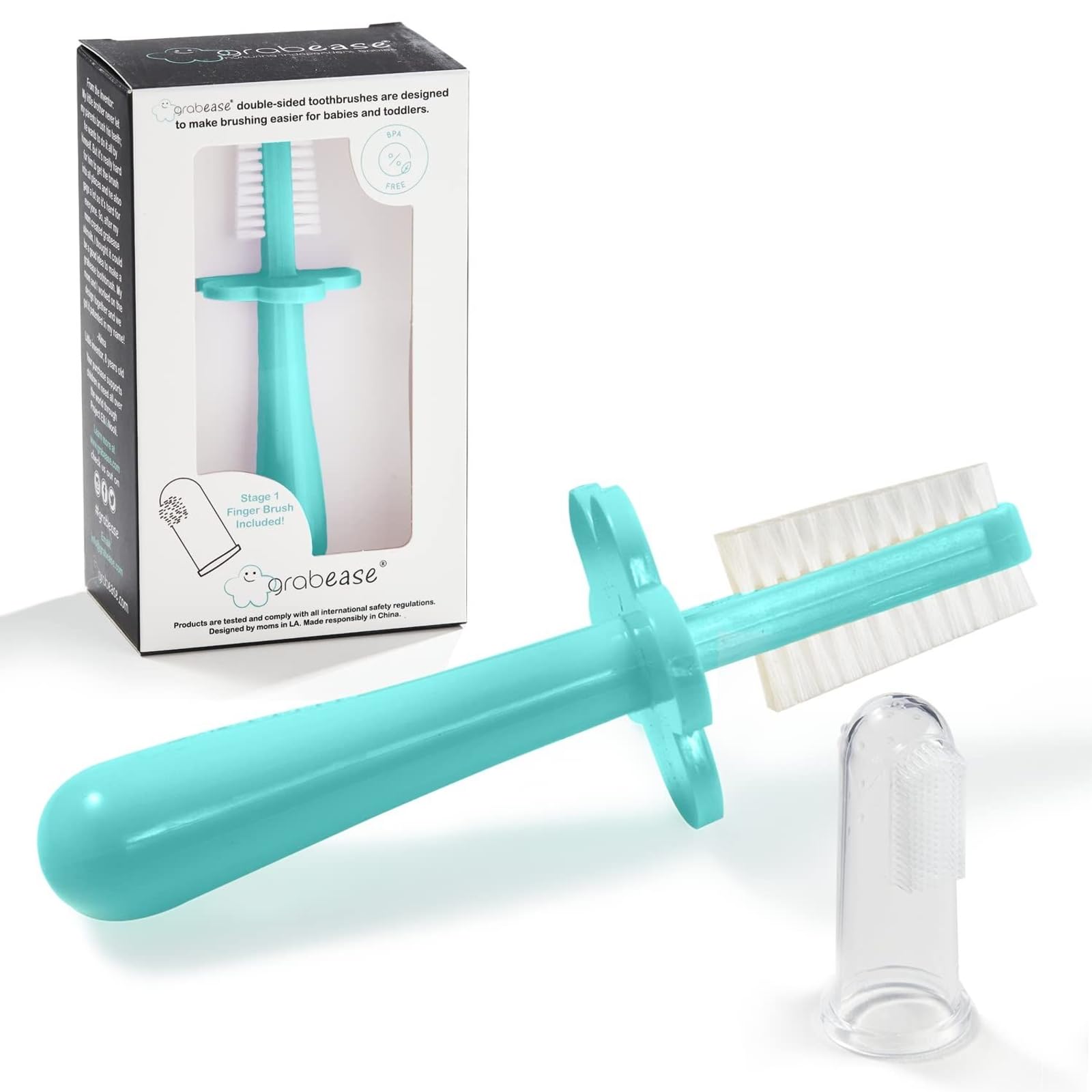 Photo 1 of grabease Silicone Finger Toothbrush for Infants & Toddlers - Double-Sided Tapered Bristles for Toddler Teeth Cleaning - Choke Protection Shield for Kids Toothbrush - 1 Count, Teal