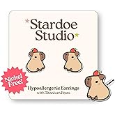 Capybara Earrings, Cute Jewelry for Kids and Unisex Adults, Fun Orange Capybara Animal Earrings, Hypoallergenic Earrings for Girls and Boys, Happy Capy Water Pig Studs with Fruit