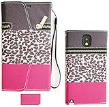 Samsung Galaxy Note 3 N9000 Premium Faux Leather Brown Pink Color Block Leopard Wallet Case