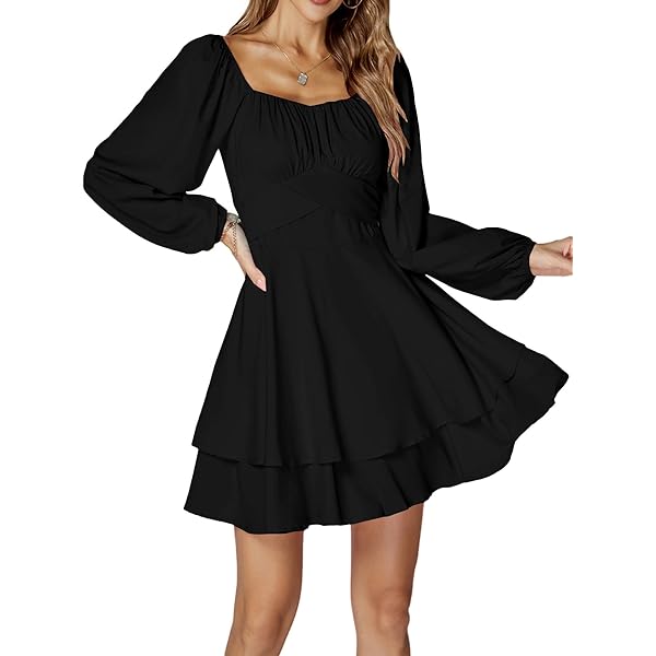 YNIQUE Women's Cocktail Dress With Ruffle Hem & Lantern Sleeves - Party Club Mini Dress