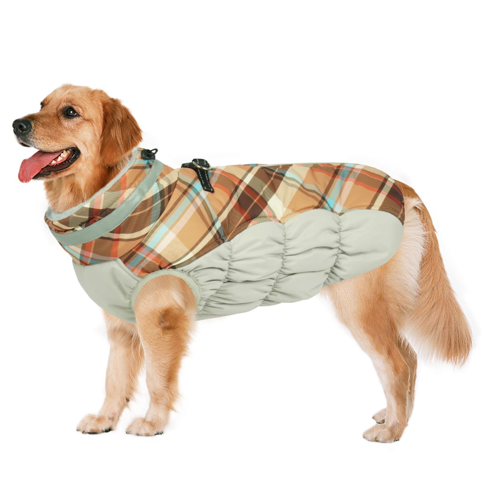 Photo 1 of Lelepet Warm Dog Winter Coat Dog Coats for Large Dogs Waterproof Dogs Jacket with Harness Built in Reflective Cold Weather Coats Windproof Zip-Up Winter Fleece Vest Snowsuit Pitbull Brown Plaid XXL