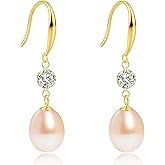 Pearl Drop Earrings for Women, Gold Plated & 925 Sterling Silver, Pink & White Dangle Earrings, Dainty Cute Elegant Bridal Wedding Gift for Her
