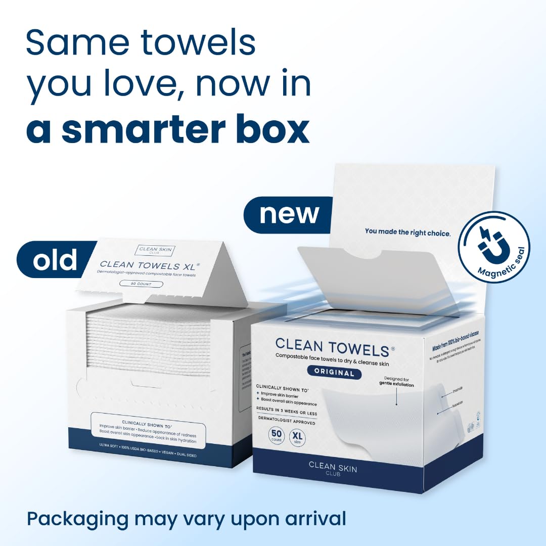 Clean Skin Club Clean Towels XL®, 100% USDA Biobased Face Towel, Disposable Face Towelette, Eczema Association Accepted, Makeup Remover Dry Wipes, Ultra Soft, 1 Pack, 50 Ct