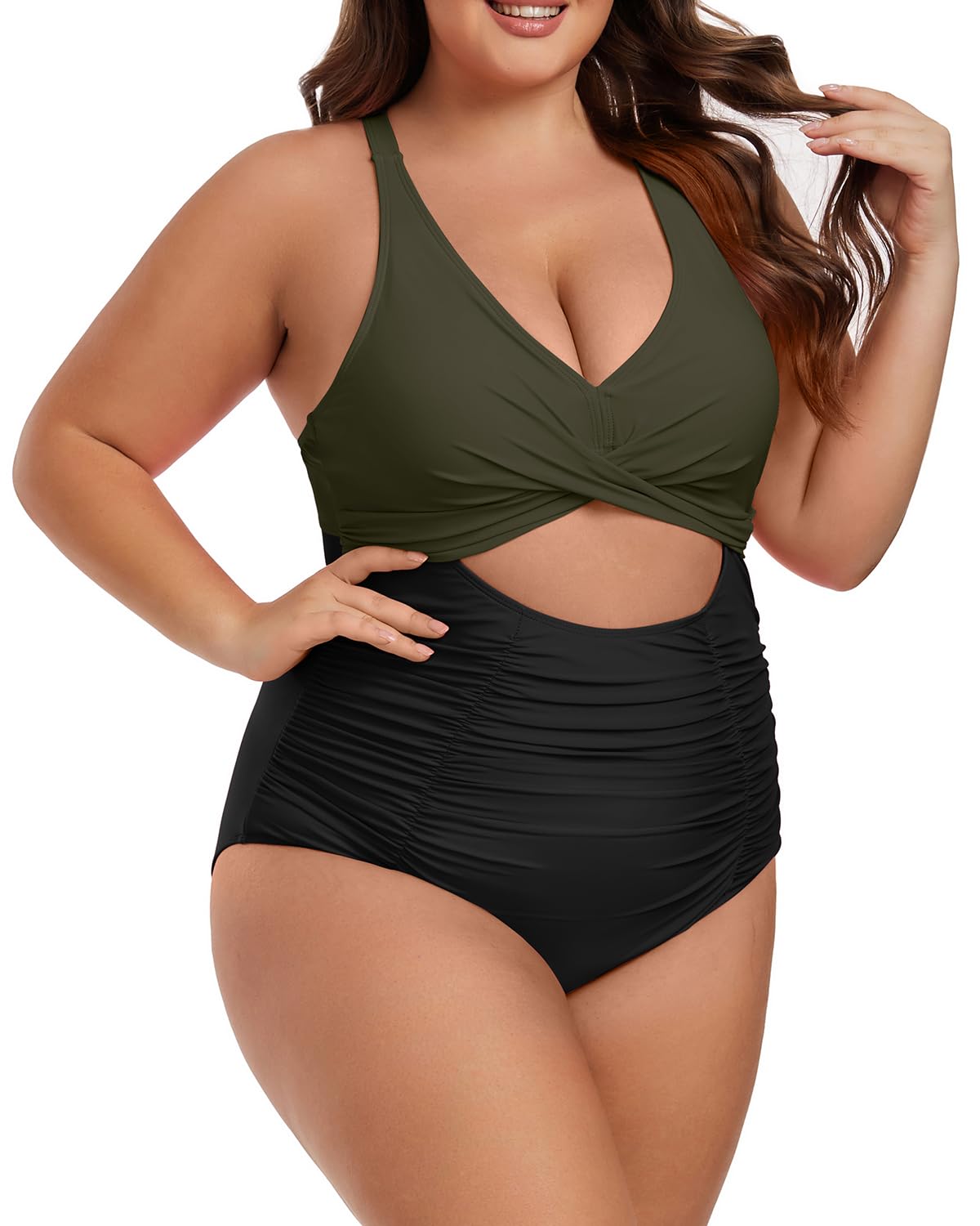 Photo 1 of Aidonger Plus Size One Piece Swimsuit for Women Tummy Control Bathing Suit Cutout High Waisted Tie Back 1 Piece Swim Suit Green Black 2XL 