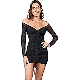 WDIRARA Women's Off Shoulder Drawstring Ruched Mesh Long Sleeve Bodycon Mini Dress