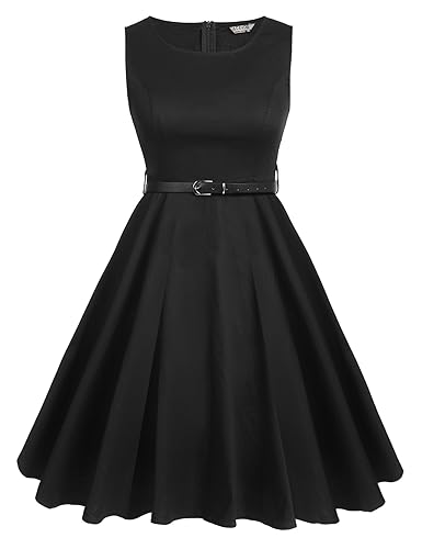 ACEVOG Womens Round Collar Sleeveless Vintage Bridesmaid Cocktail Party Dress (Black, L)