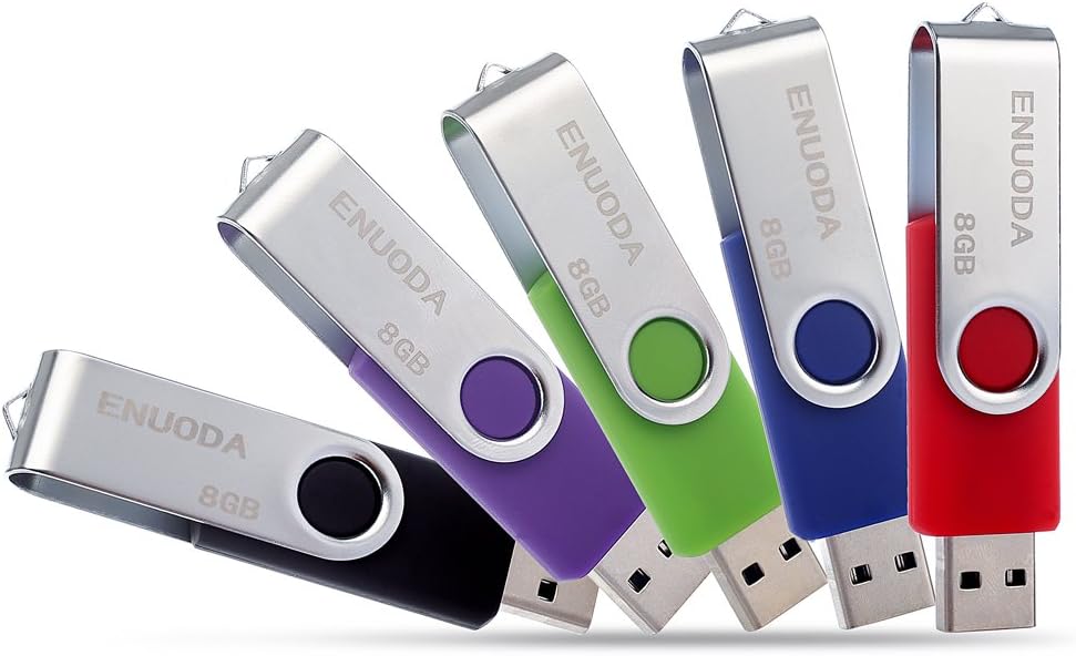 ENUODA 5 Pack 8GB USB 2.0 Flash Drive Swivel Bulk Thumb Drive Memory Stick Jump Drive Zip Drive (5 Colors: Black Blue Green Purple Red)