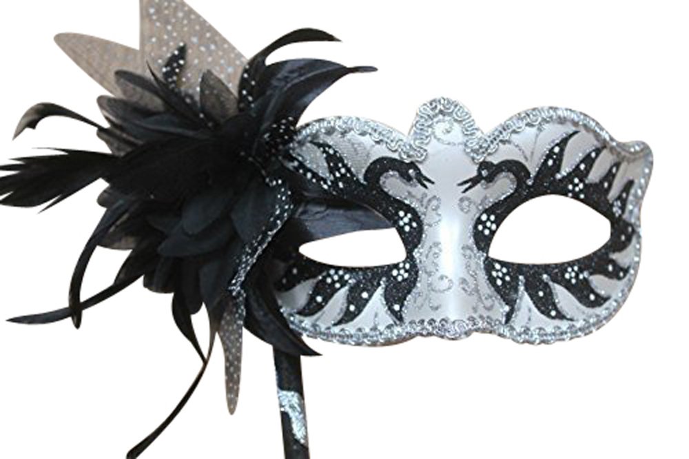 THE GOOD LIFE VENETIAN MASQUERADE CARNIVAL PARTY EYE MASK WITH FLOWER PEARLISED BLACK & SILVER ON A STICK