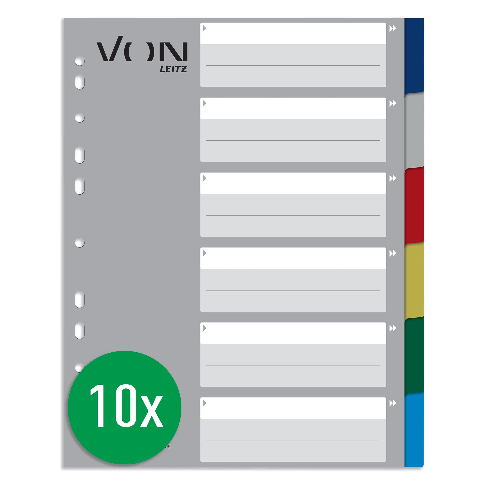 VON Leitz Leitz 13050000 Pack of 10 6-Part Index A4 Blank Dividers for Folders, Polypropylene, Extra Wide, 11-Hole Universal Index for File Folders and Ring Binders, Multi-Colour, Pack of 10