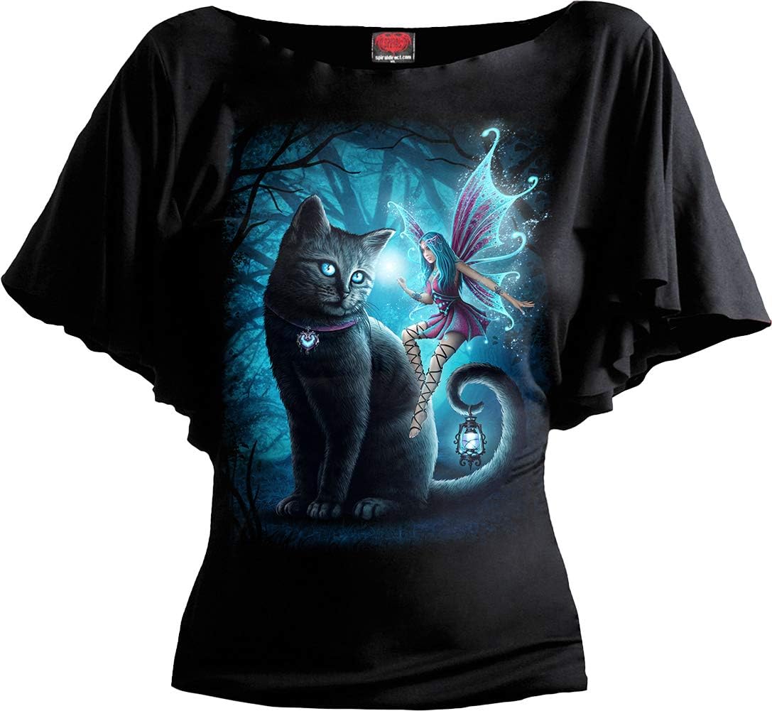 SpiralCat and Fairy - Boat Neck Bat Sleeve Top Black - XXL