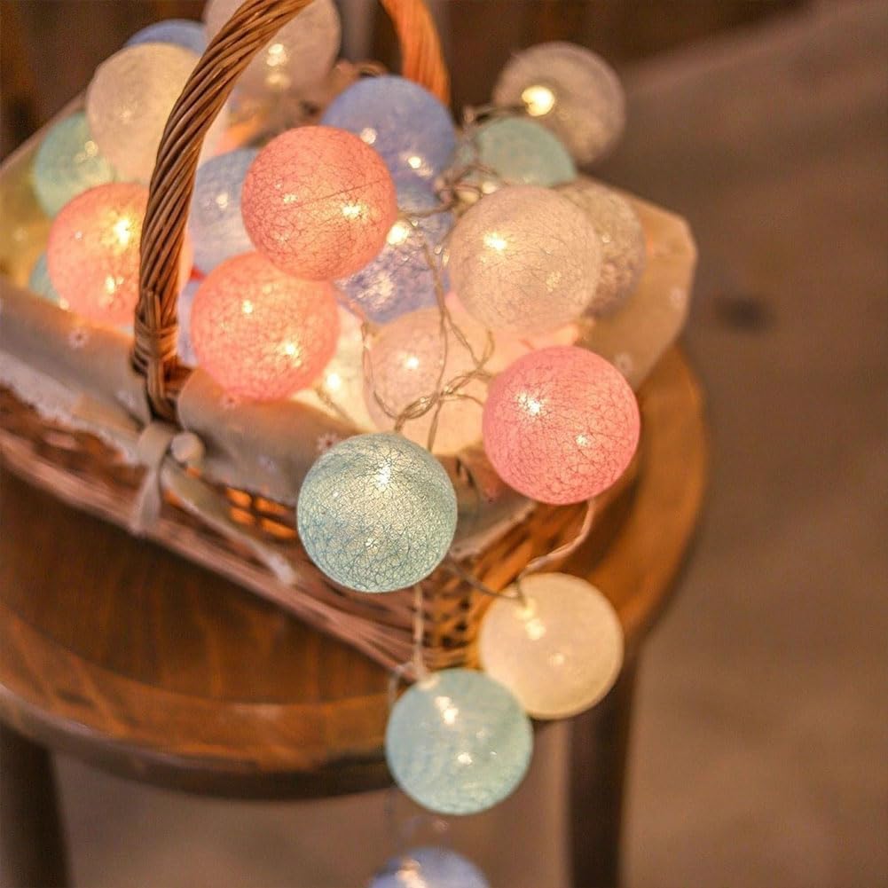 HOTUT Cotton Ball Fairy Lights, 3.3M/10.83Ft 20LED USB Powered LED String Lights, Colorful Globe Ball Fairy Lights, LED Fairy String Lights for Bedroom Wedding Party Home Christmas Decoration Macaron