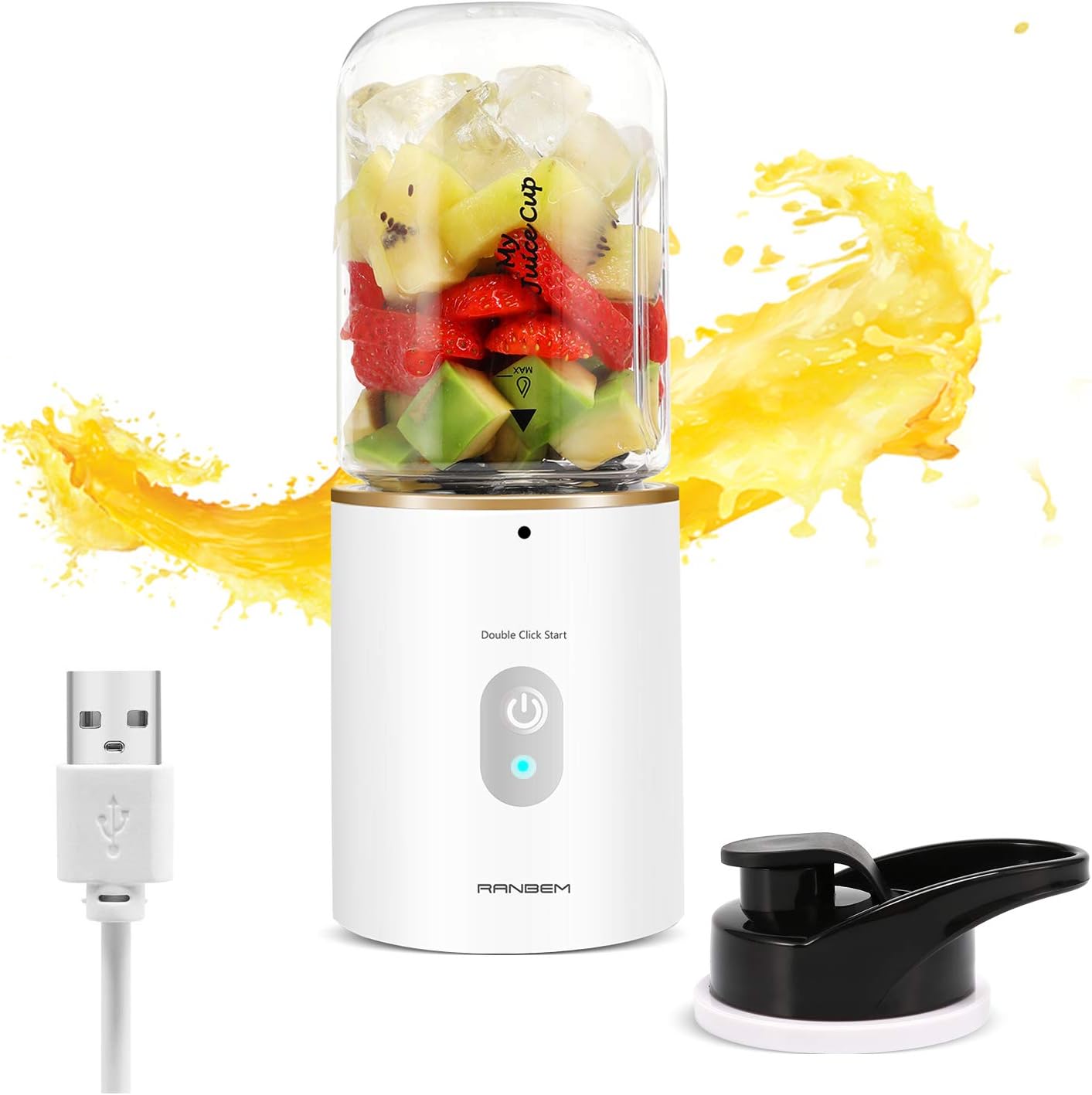 Mini Blender, Portable Blender USB Rechargeable, Personal Blender for Shakes and Smoothies with 12oz Small Blender Cup, Travel Lid, 2000 mAh (White)