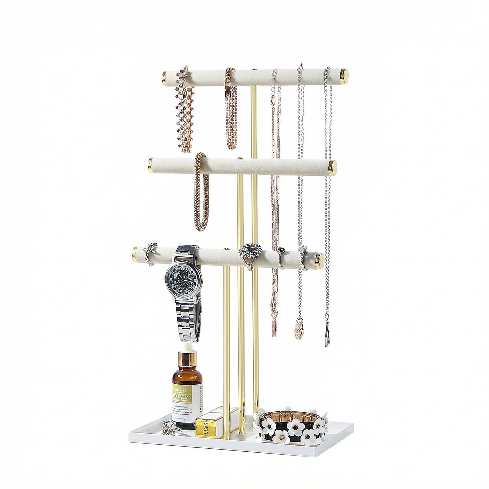 Photo 1 of **ITEM IS BLACK**KunGe Necklace Display Holder, Jewelry Organizer Stand Earrings Bracelet Holder, 3 Tier Jewelry Display Tower Rack with Metal Frame and Ring Tray for Women (Gold)