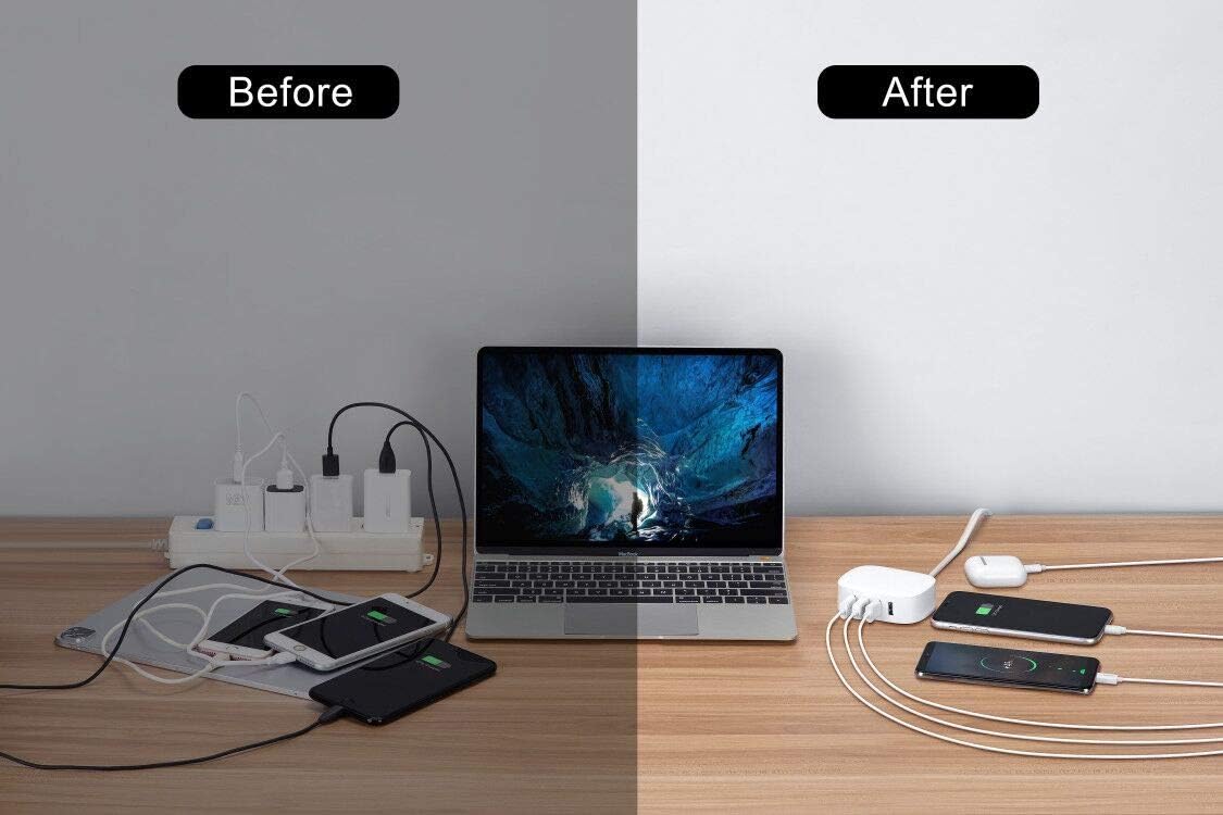 USB Charger Station, BULL USB Charging Station with 4 Port, Desktop USB Charging Station for Multiple Devices with Auto-Detecting USB Ports (UL Listed, 6Ft Extension Cord, White): Electronics