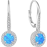 Rocayi Opal Dangle Drop Earrings for Women 925 Sterling Silver Round Opal Leverback Earrings Gemstone Jewelry for Women White/Blue/Pink/Green
