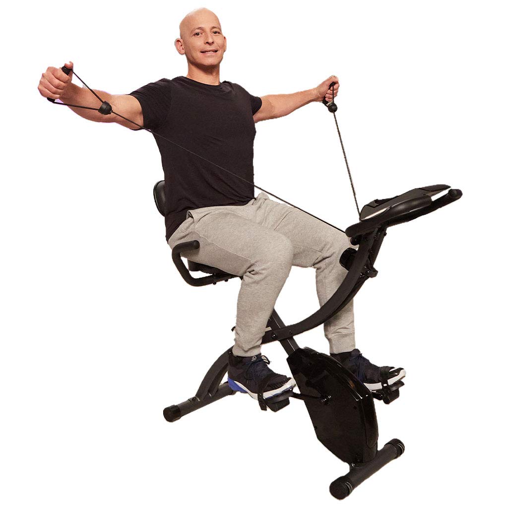 Folding Indoor Exercise Bike with Arm Resistance Bands and Heart Monitor - Perfect Home Exercise Machine for Cardio