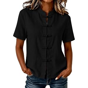 Women's Kung Fu Suit Top Martial Arts Tai Chi Uniform Chinese Tang Suit Short Sleeve Band Collar Cotton Linen Shirt