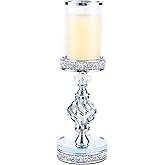 Hanjue Crystal Candle Holders for Pillar Candle, Metal Crystal Candle Holder for Home Decor, Centerpieces, Coffee Dining Table CH0509 (Silver (M))