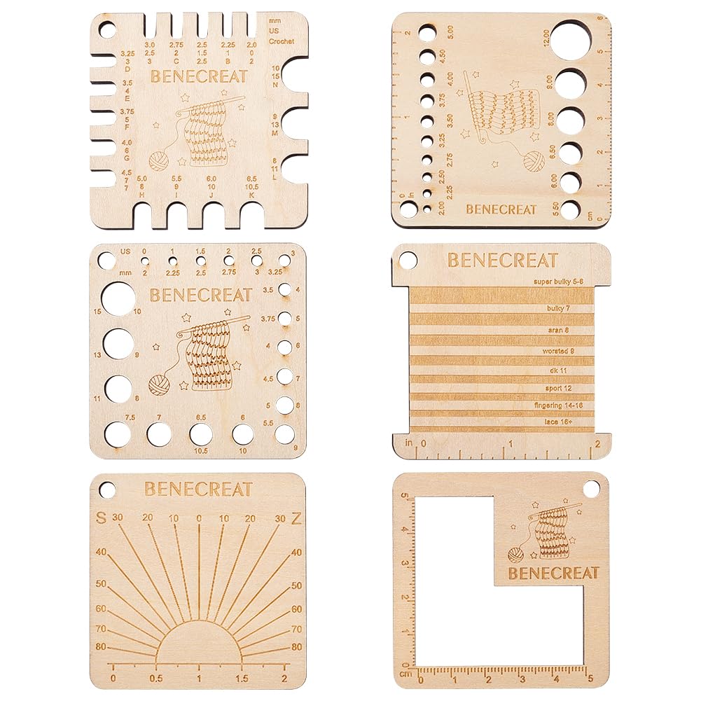 BENECREAT 6 Styles Wood Knitting Gauge Rulers, Square Crochet Hook and Yarn Wrap Guide Board Knitting Tool for Knitting Needle Spinners Yarn Measuring Crochet