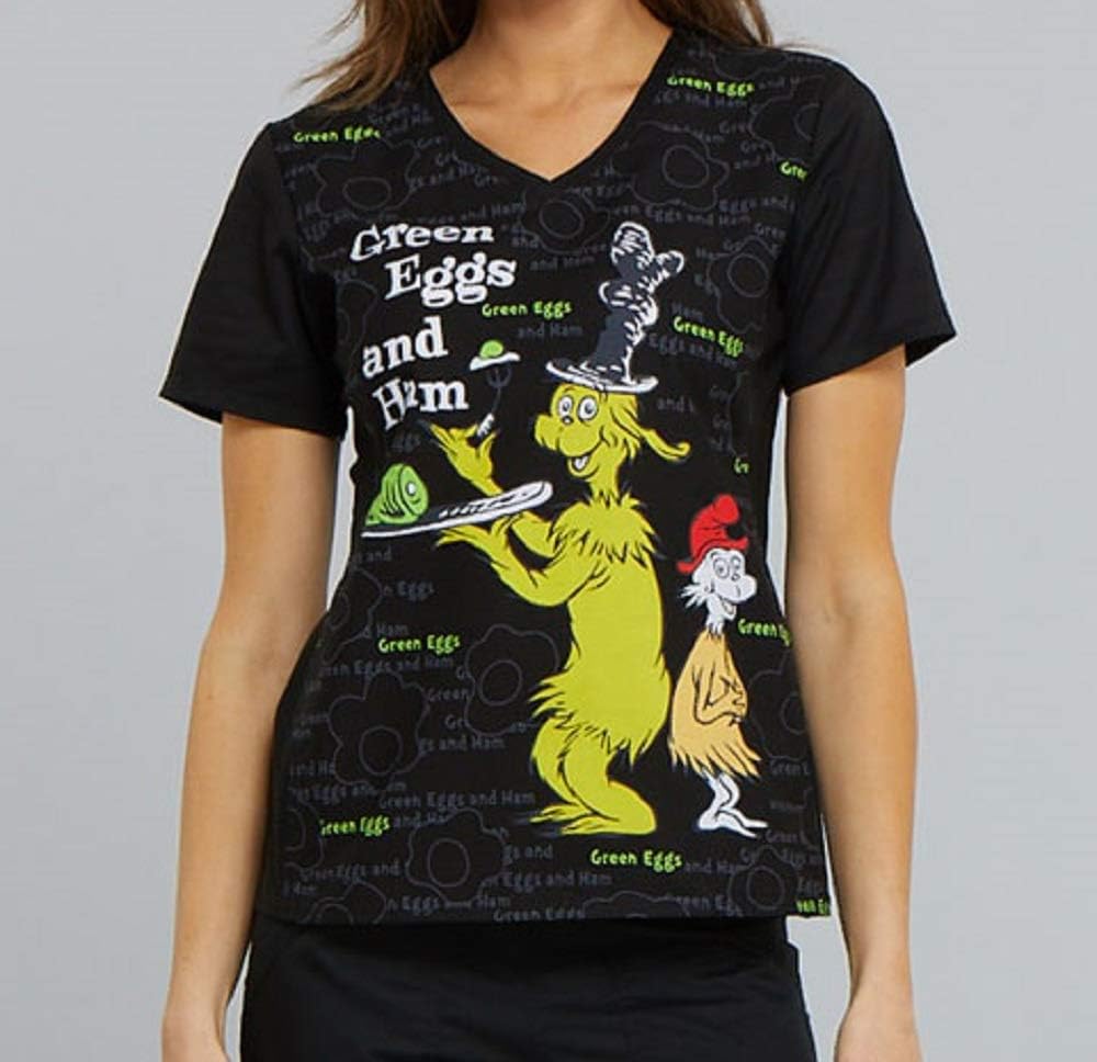 TF670 SESI S Cherokee Tooniforms Women's V-Neck Knit Panel Top Sam I Am Dr. Seuss