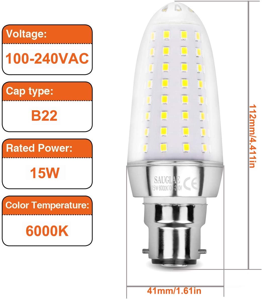 SAUGLAE 15W LED Light Bulbs, 120W Incandescent Bulbs Equivalent, 6000K Daylight White, 1700Lm, B22d Bayonet Cap Led Lights, Pack of 3 - Image 3