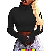 Artfish Women Long Sleeve Turtleneck Crop Tops Neon Ribbed Half Tight Cropped Sweaters Pullovers