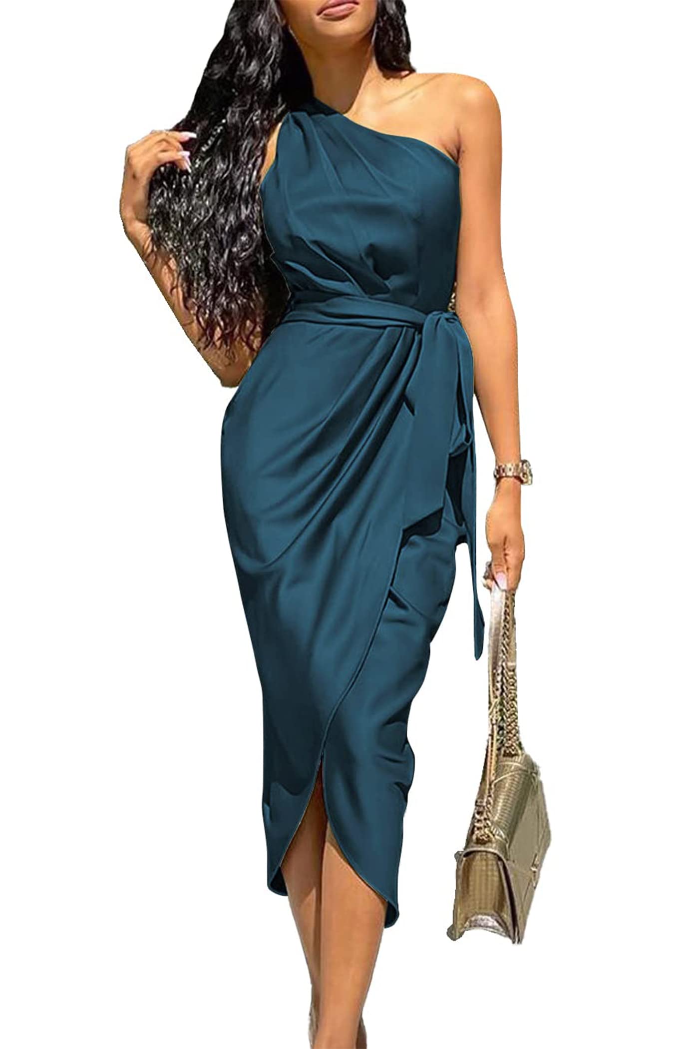 PRETTYGARDEN Women's Summer One Shoulder Ruched Satin Dress Sleeveless Wrap Spring Wedding Guest Cocktail Midi Dress