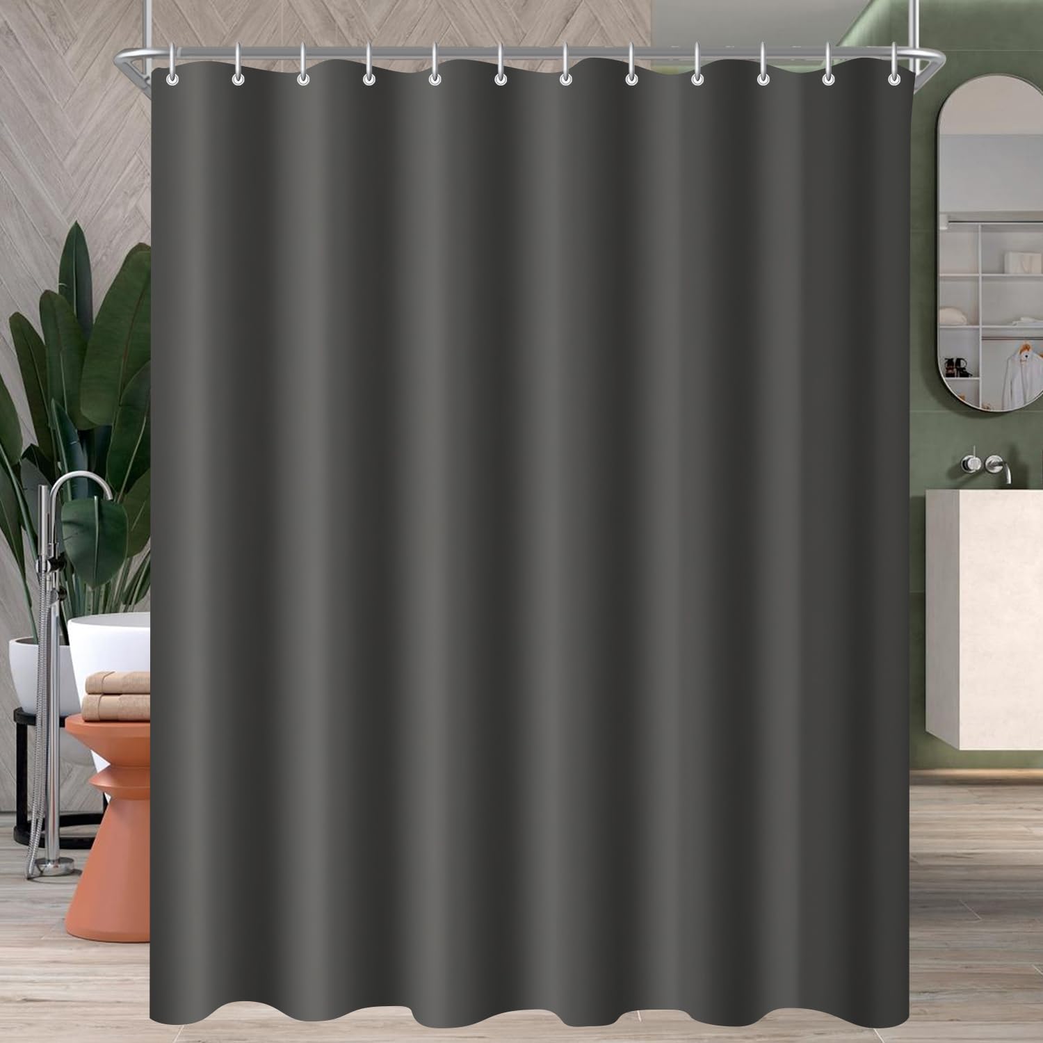 Lerores Shower Curtain, 200 x 200 cm, Dark Grey, Weighted Hem, Anti-Mould Textile, Water-Repellent, Washable Polyester Fabric Bath Curtains for Bathroom, Bathtub with 12 Shower Curtain Rings