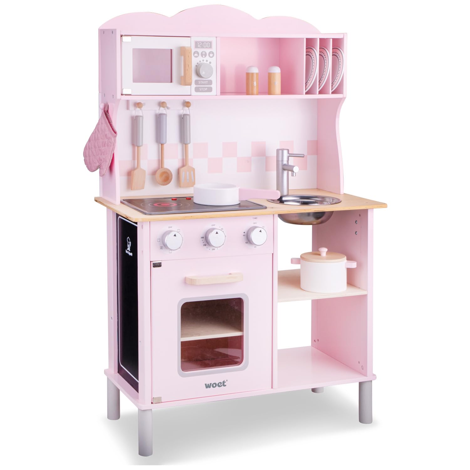 Woet® Pink Wooden Toy Kitchen for Kids - With Electric Hob, Oven and Sink - Pretend Play Kitchen Set - Age 3 Years+