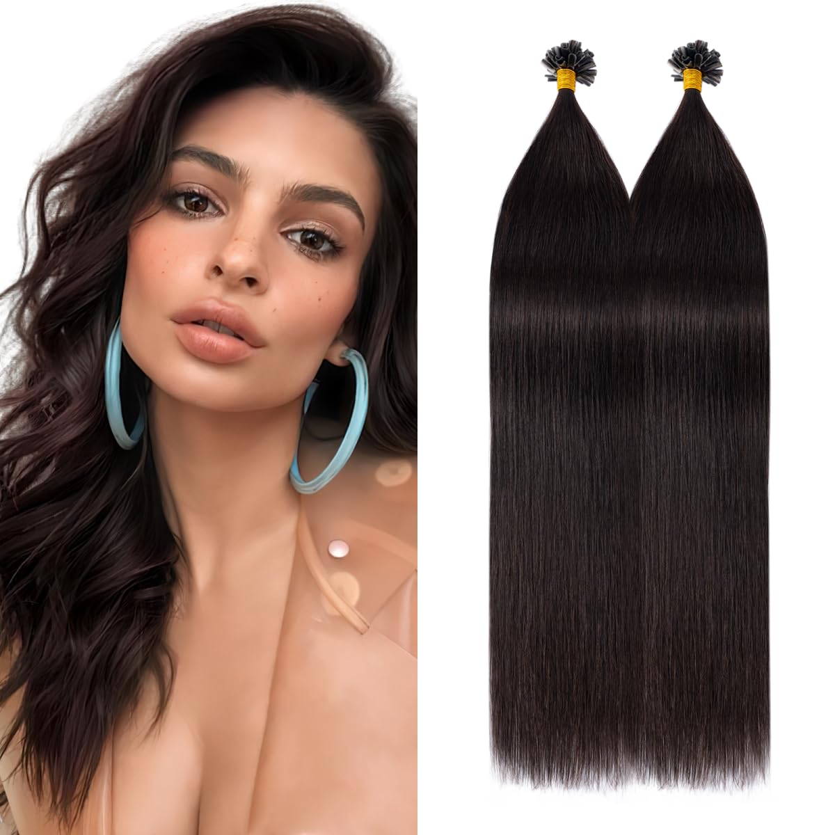 Silk-co U Tip Pre Bonded Hair Extensions Strands Keratin Nail Tip Straight Human Hair Extensions U tip Real Remy Hair 100 Strands Keratin Nail Til 20"-100g #1B Natural Black