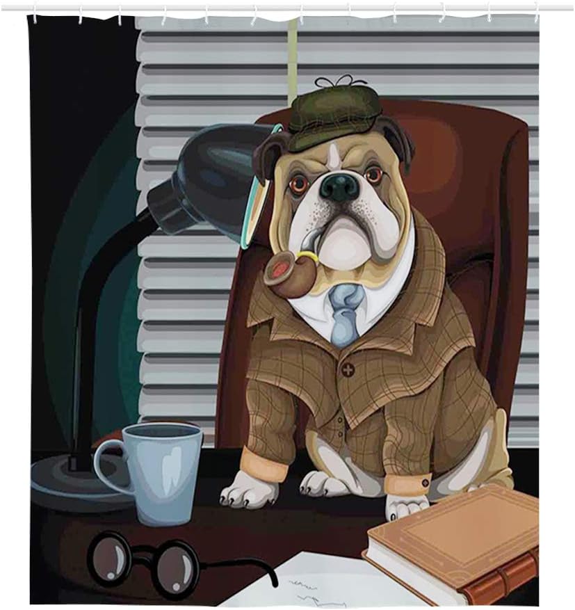 GULTMEE Great Perspective Shower Curtain,Traditional English Detective Dog with a Pipe and Hat Sherlock Holmes Image,Cloth Fabric Bathroom Decor Set with Hooks 72x72 Inches
