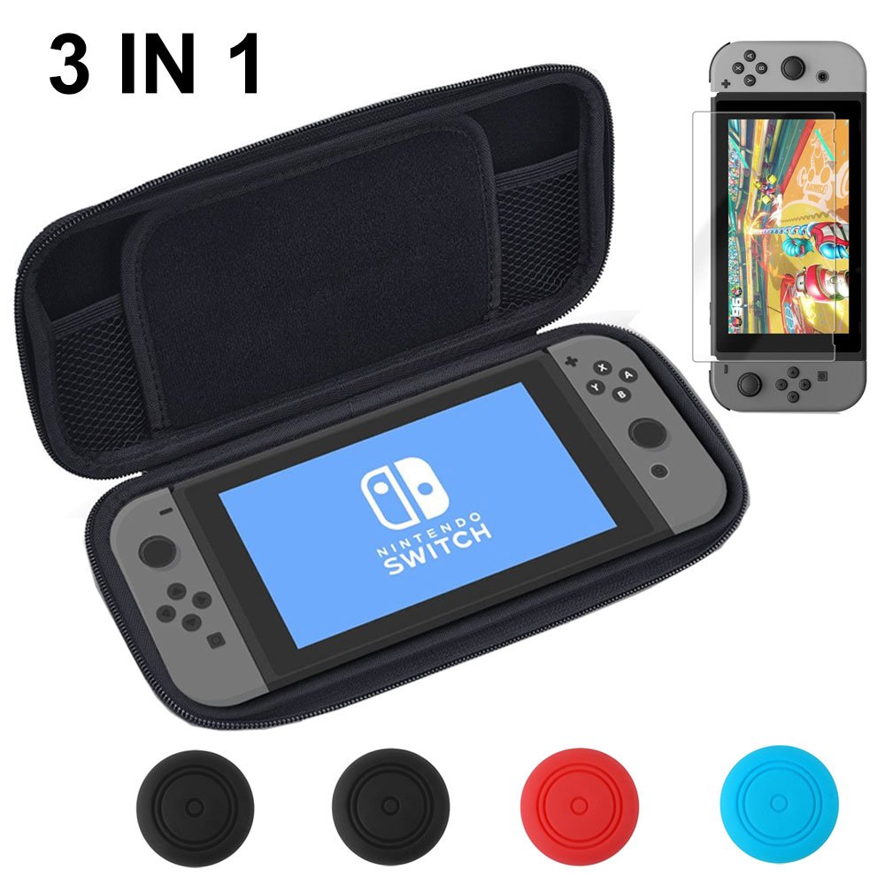 Vorida Case Compatible for Nintendo Switch, Carrying Travel Case Protective 8 Game Storage Slots & 9H Tempered Glass Screen Protector & Joy Con Grips Caps with Carrying Strap