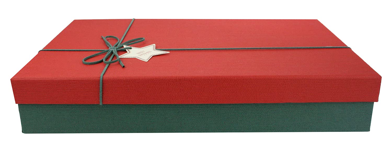 Emartbuy Rigid Single Gift Box, 40.5 x 28.5 x 7 cm, Textured Green Box with Red Lid, Brown Interior and Suede Decorative Ribbon