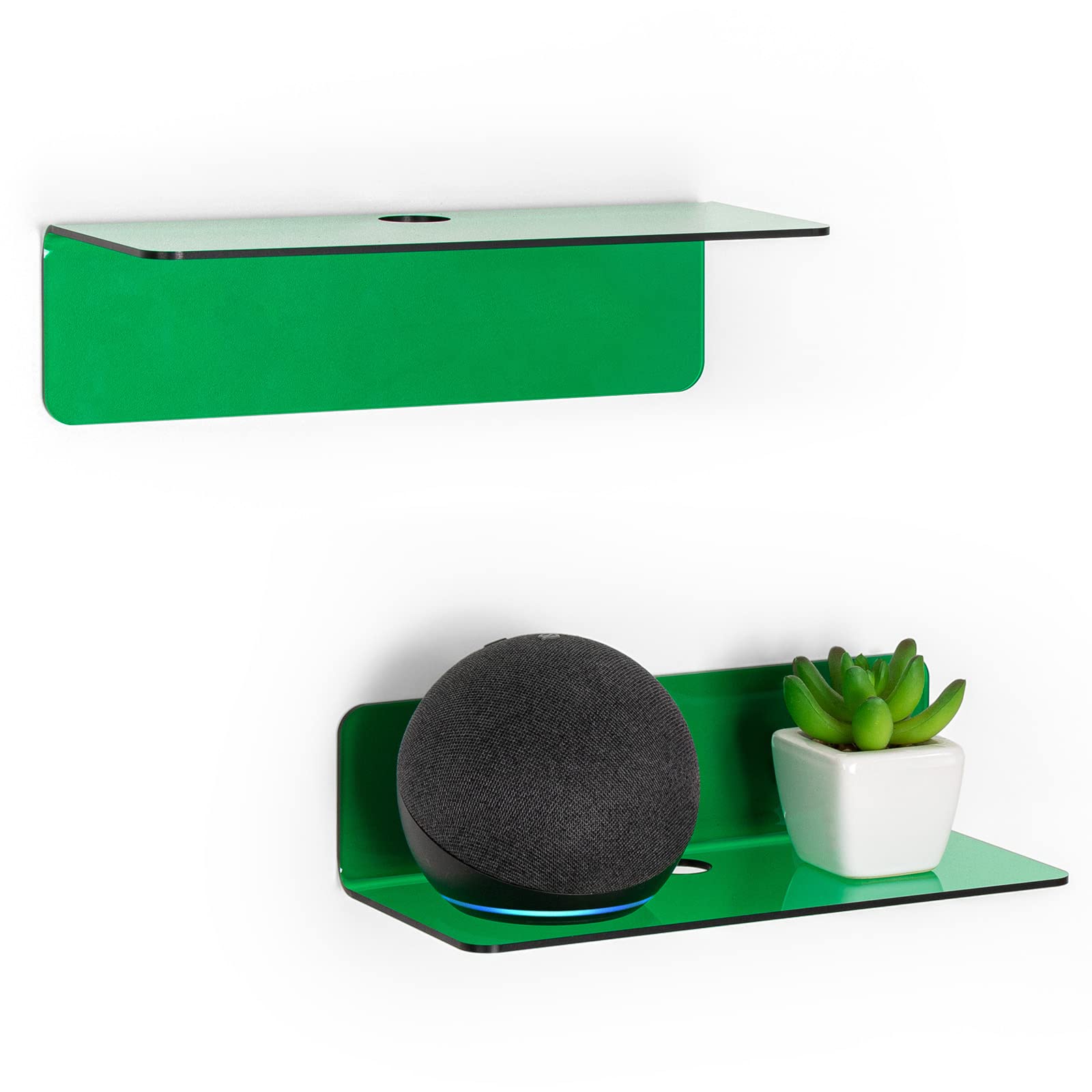 OAPRIRE Acrylic Floating Wall Shelves Set of 2 - Easily Expand Wall Space - Small Shelf for Bathroom, Bedroom, Kitchen, etc - with Cable Clip, Drill-free installation, 9 Inch - Emerald Green