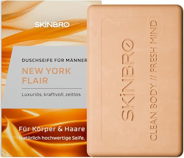 SKINBRO Festes Duschgel Männer New York Flair - Duschseife Männer Luxuriös & Kraftvoll - Made in Germany, Shampoo Herren Vegan & Nachhaltig- Silikonfrei, Seife Stück, feste Seife, Naturseife 100g